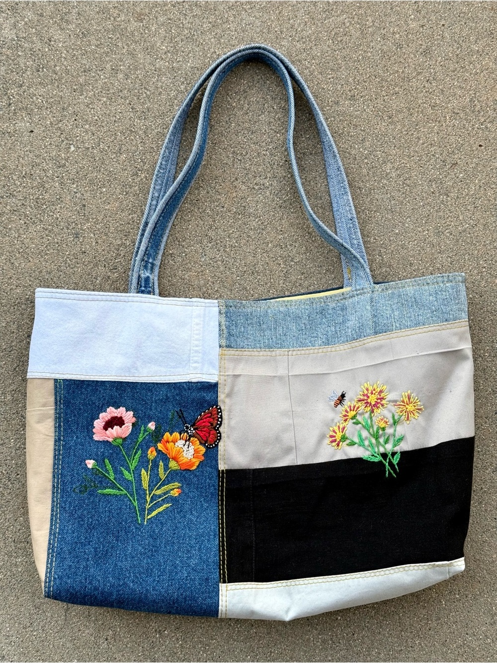 Handmade Upcycled Denim Patchwork Tote Bag Floral Hand Embroidered Blue Black
